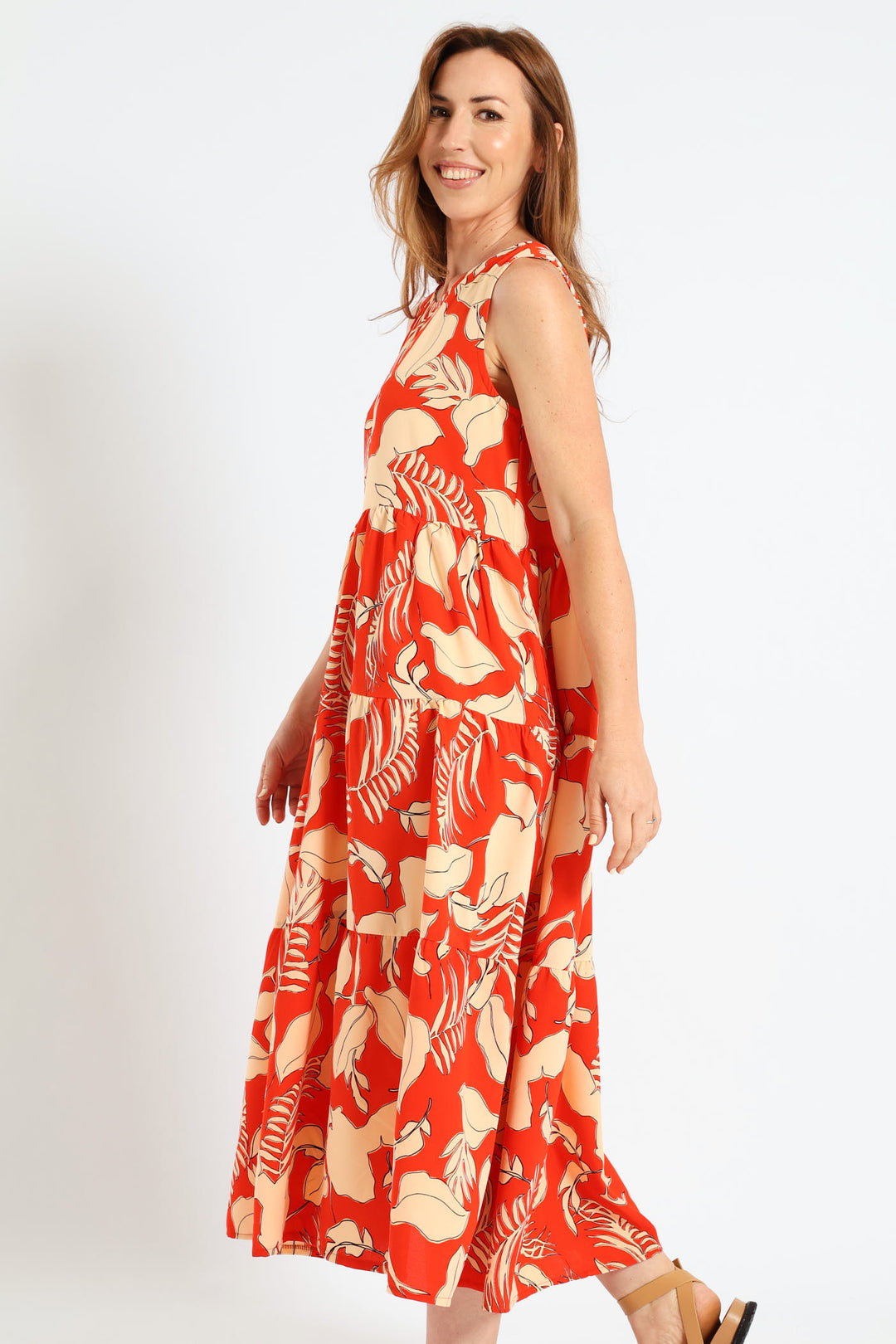 Multi Tiered Poplin Midi Dress - Orange