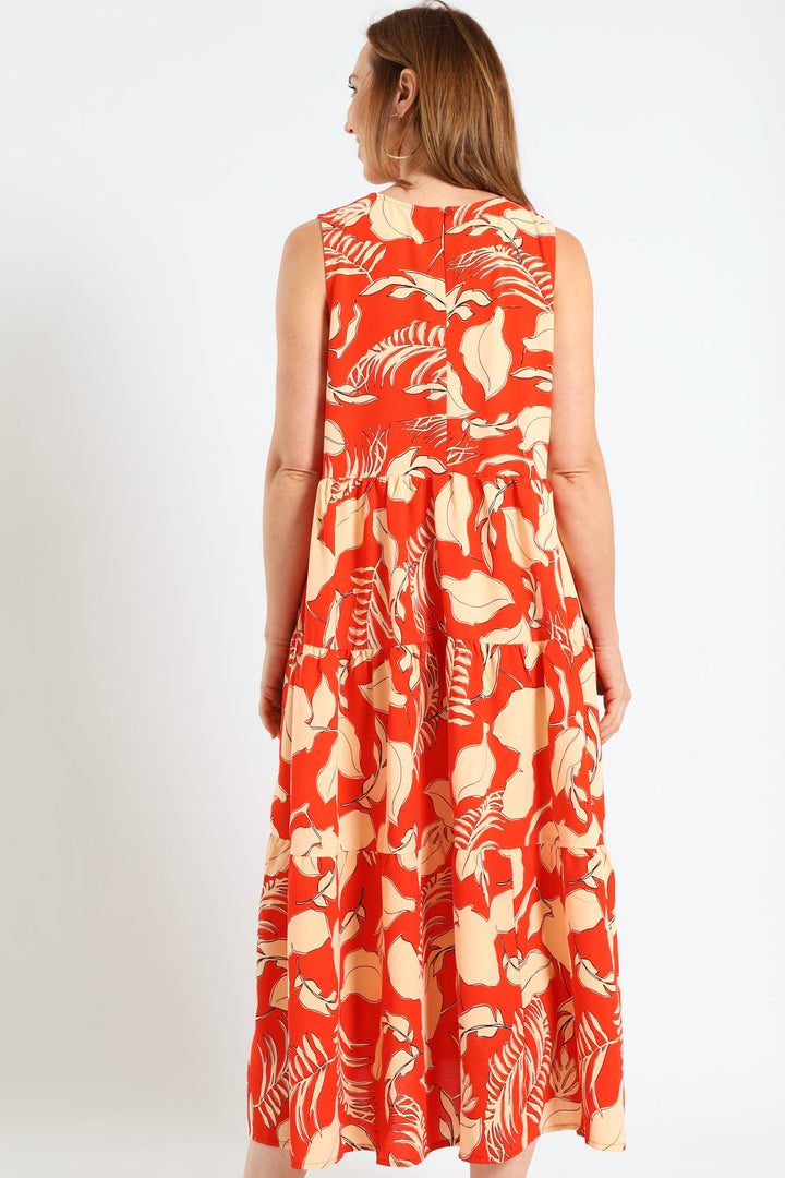 Multi Tiered Poplin Midi Dress - Orange