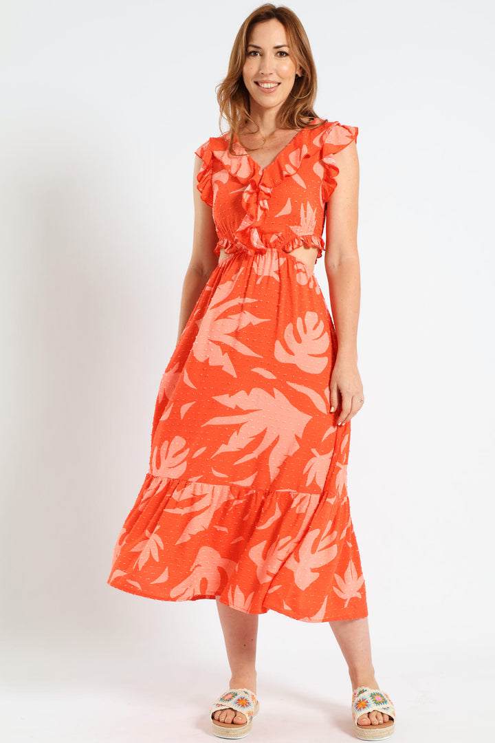 Frill Detail Cut-Out Tiered Maxi Dress - Pink/Orange