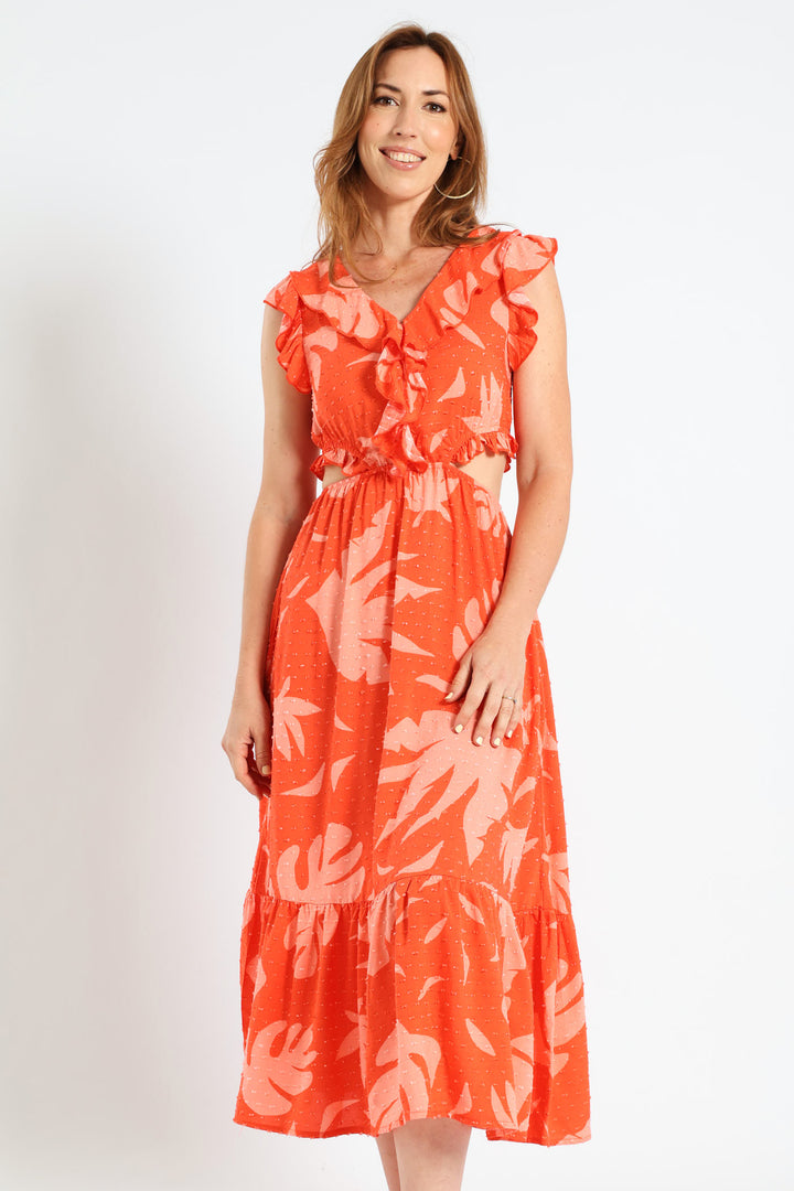 Frill Detail Cut-Out Tiered Maxi Dress - Pink/Orange