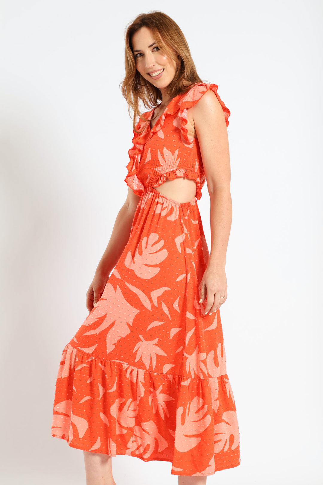 Frill Detail Cut-Out Tiered Maxi Dress - Pink/Orange