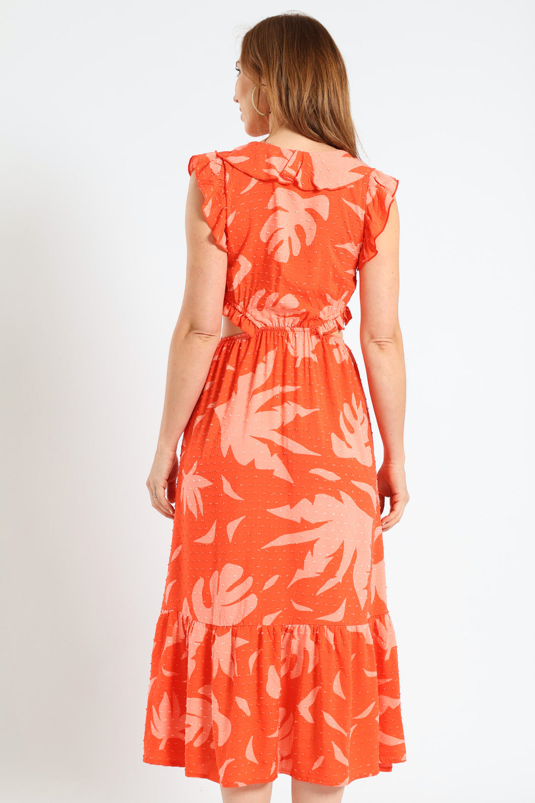 Frill Detail Cut-Out Tiered Maxi Dress - Pink/Orange