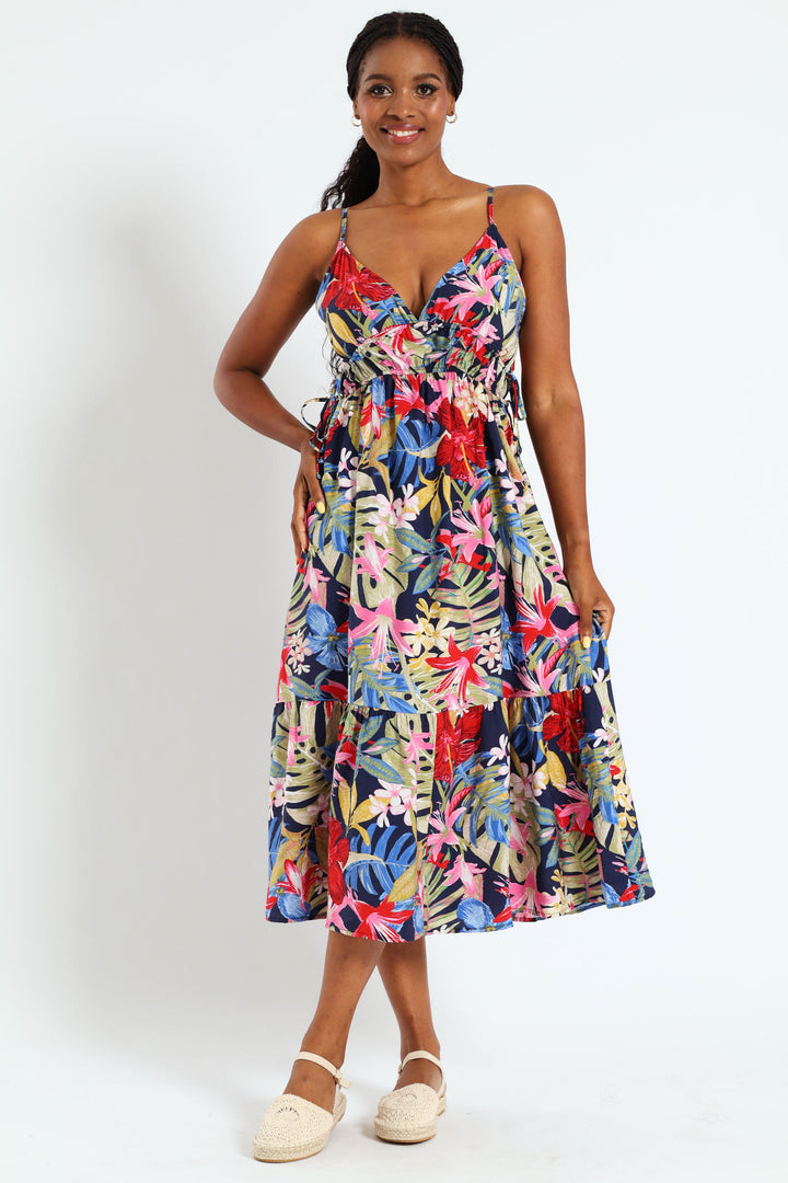 Strappy Double Drawstring Detail Frill Hem Midi Dress