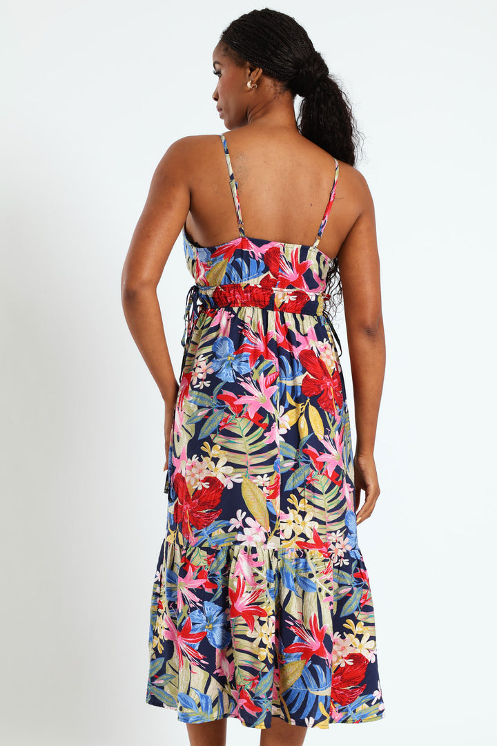 Strappy Double Drawstring Detail Frill Hem Midi Dress