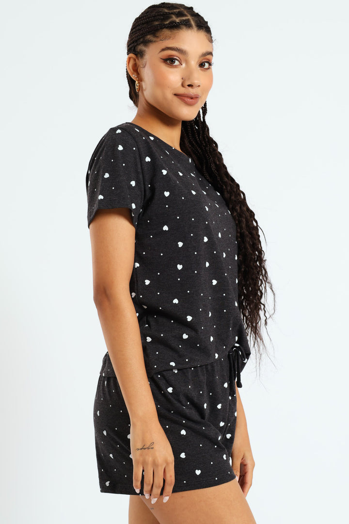 Hearts Tee & Short Knit Set - Charcoal Melange