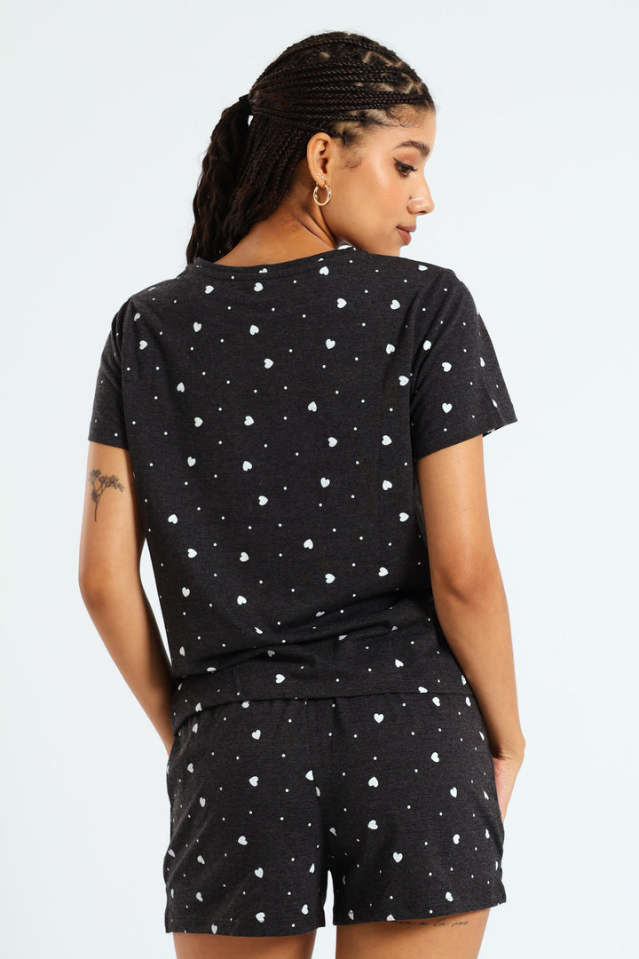 Hearts Tee & Short Knit Set - Charcoal Melange