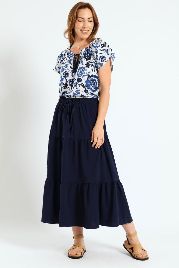 Broiderie Anglaise Peasant Top With Tassels - White/Blue