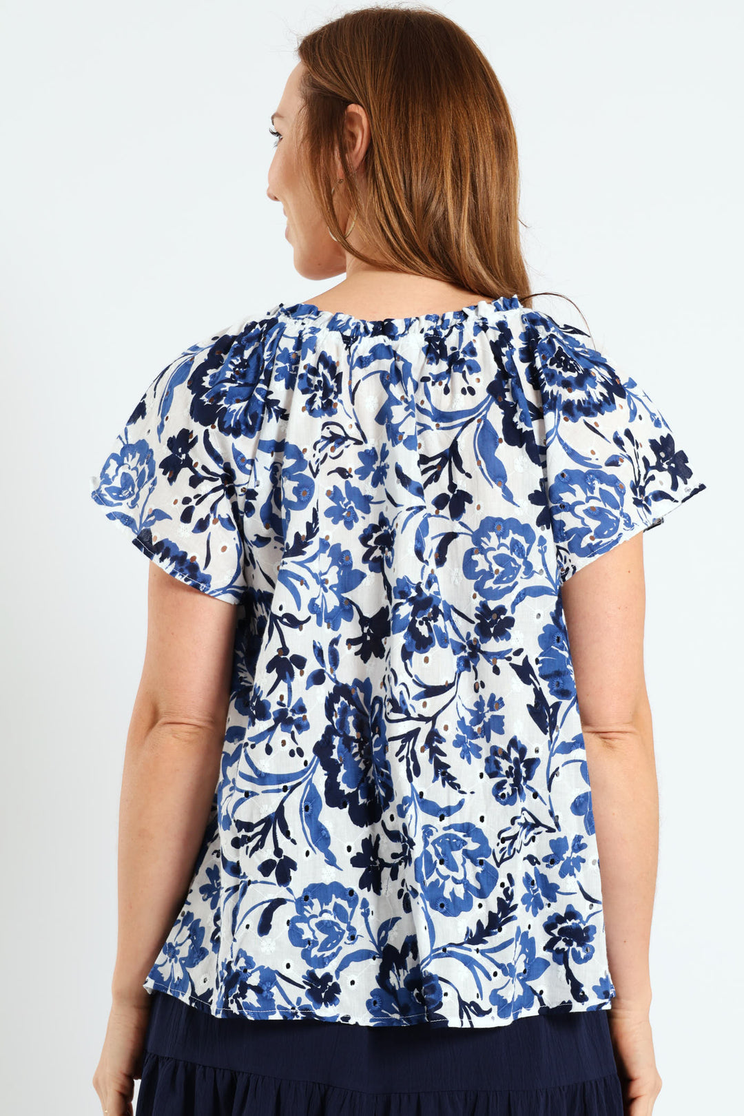 Broiderie Anglaise Peasant Top With Tassels - White/Blue