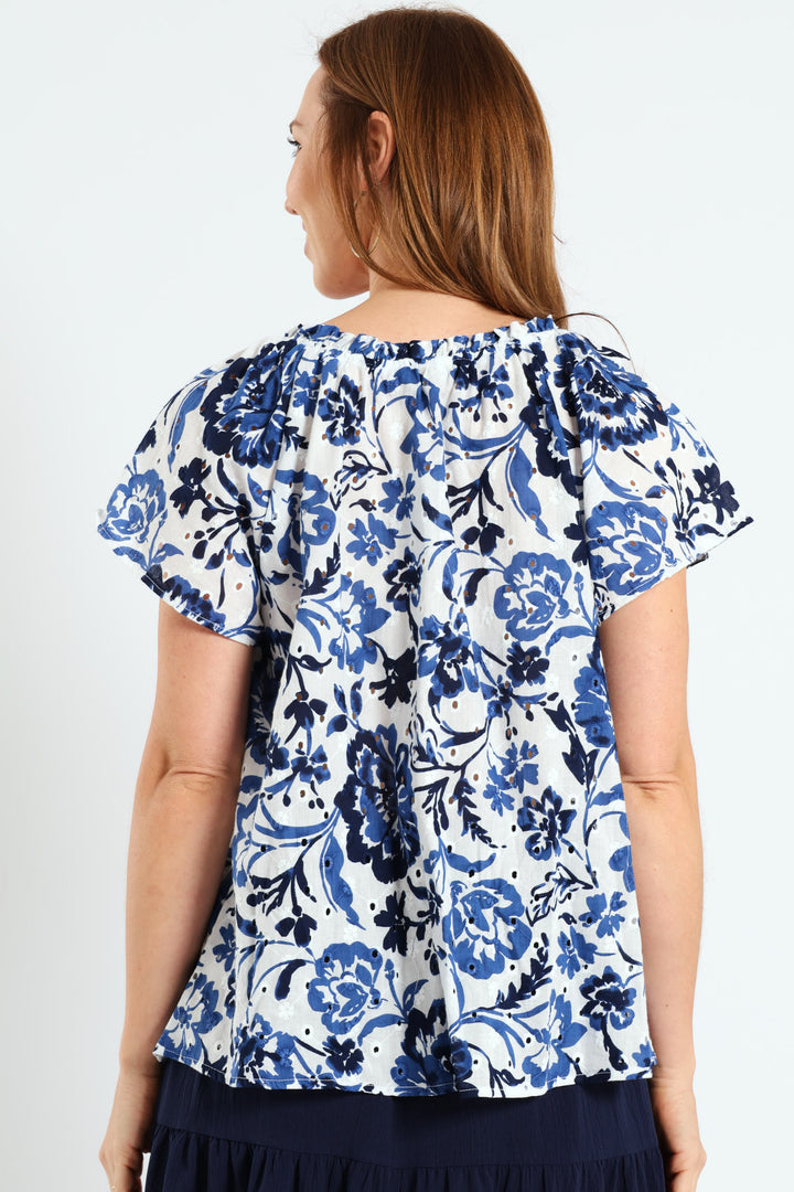 Broiderie Anglaise Peasant Top With Tassels - White/Blue