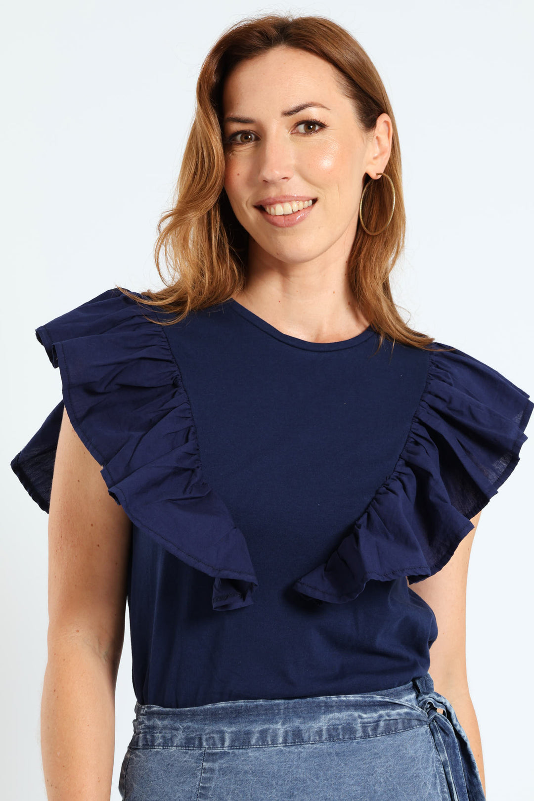 Frill Detail Boxy Combo Tee - Navy