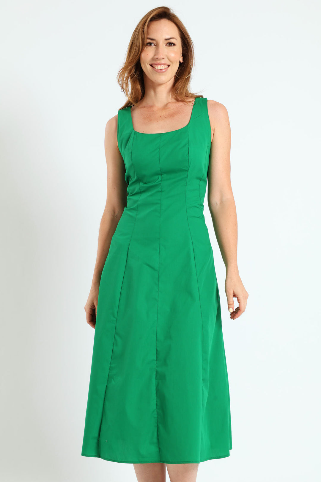 Square Neck Panelled Fit & Flare Midi Dress - Emerald