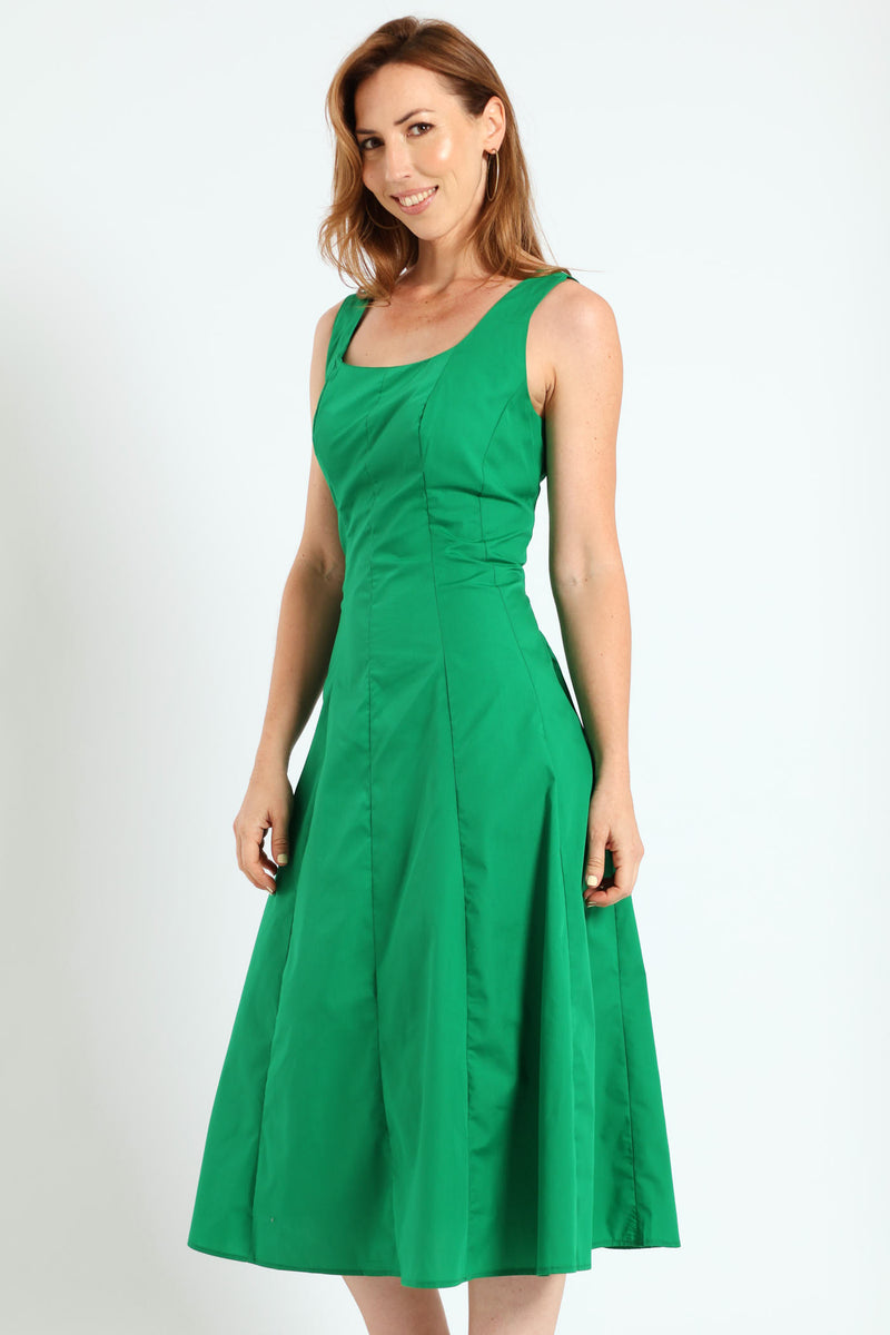 Square Neck Panelled Fit & Flare Midi Dress - Emerald