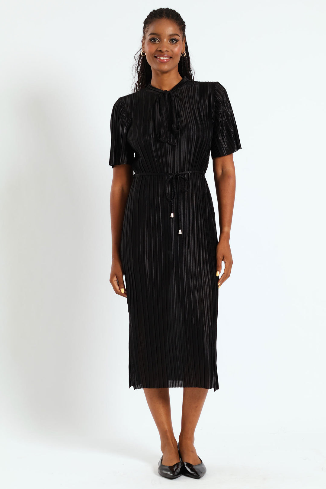black plisse midi dress Ladies Kitty Bow Belted Plisse Midi Dress