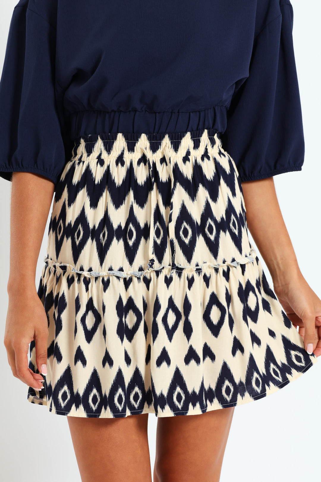 Tiered Midi Aztec Mini Skirt With Drawstring - Navy/White