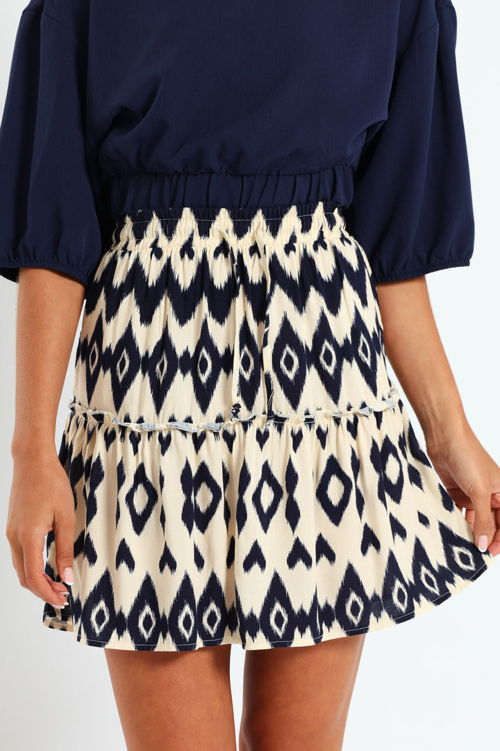 Tiered Midi Aztec Mini Skirt With Drawstring - Navy/White