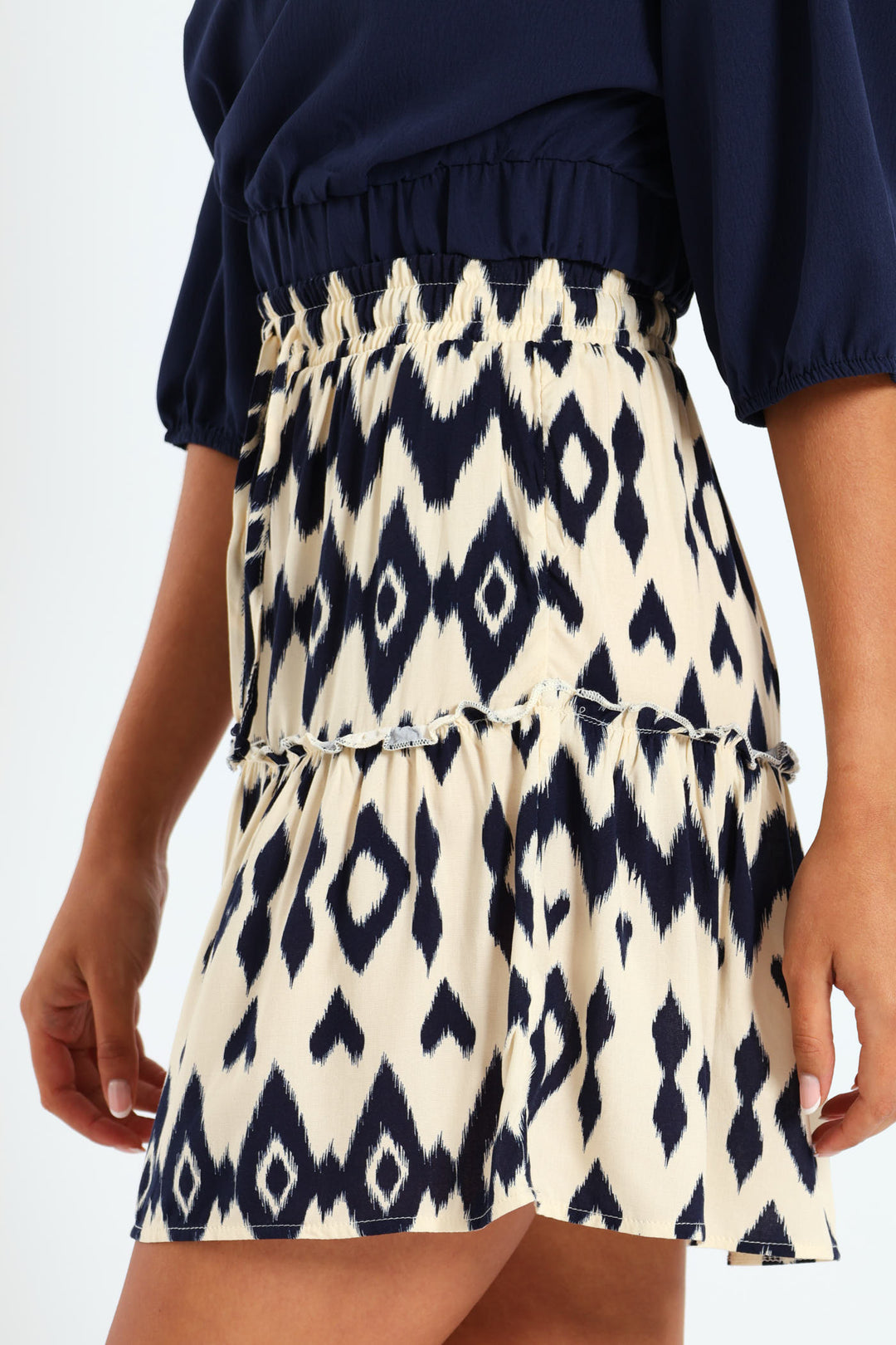 Tiered Midi Aztec Mini Skirt With Drawstring - Navy/White