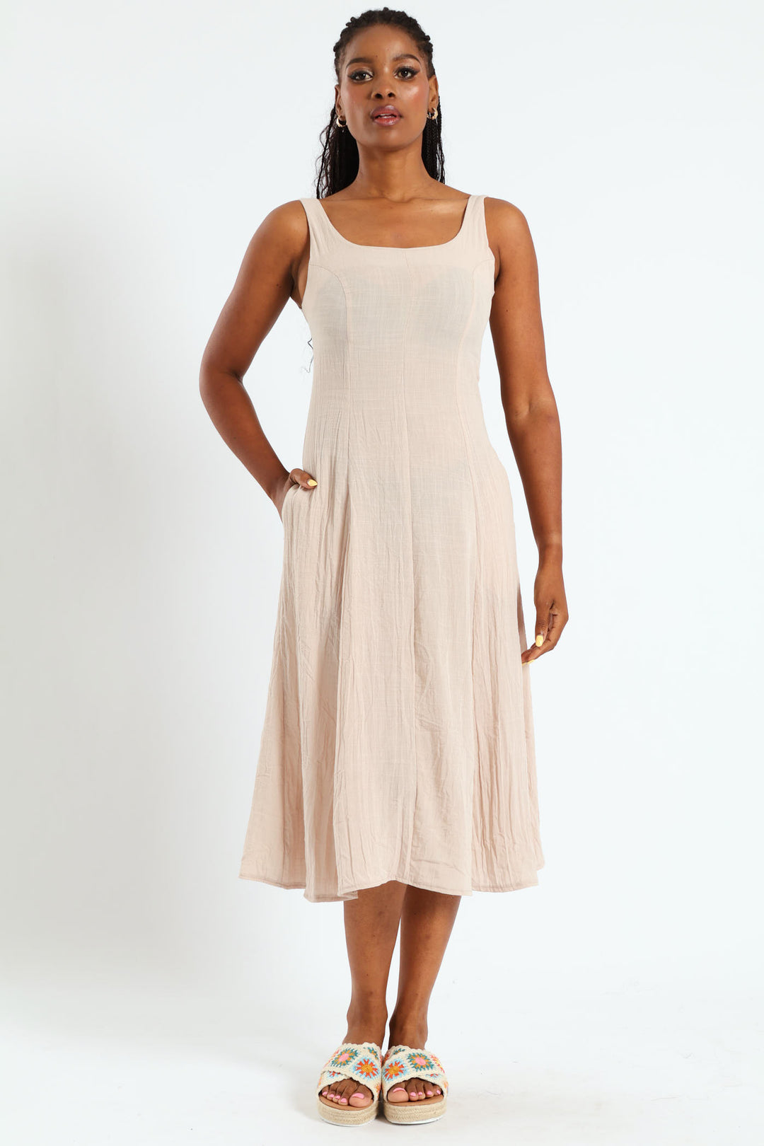 Panelled Fit & Flare Linen Midi Dress - Stone