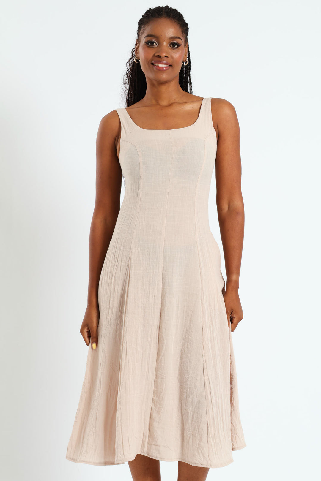 Panelled Fit & Flare Linen Midi Dress - Stone