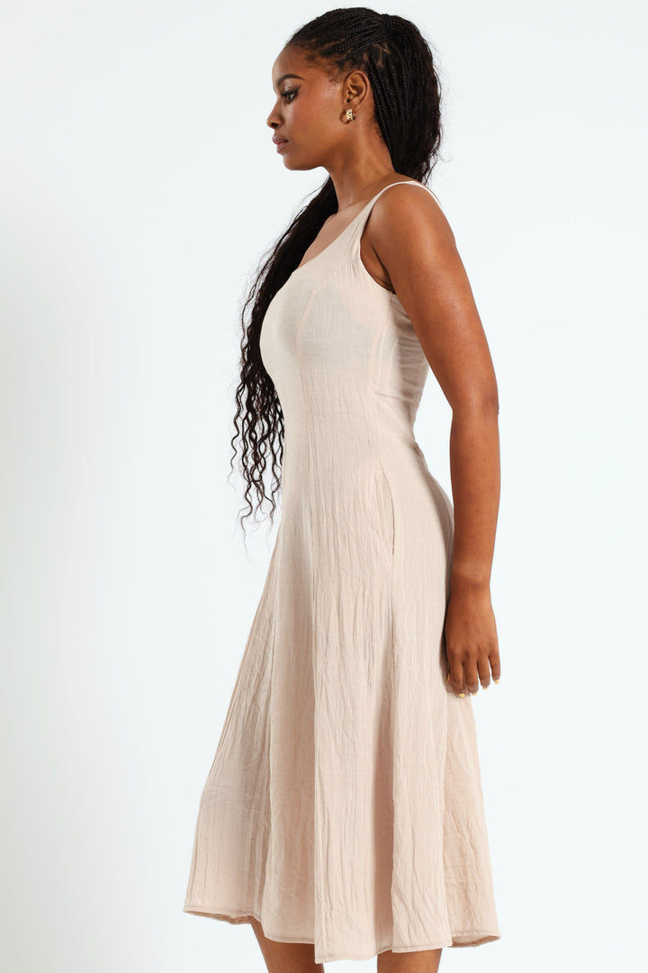 Panelled Fit & Flare Linen Midi Dress - Stone