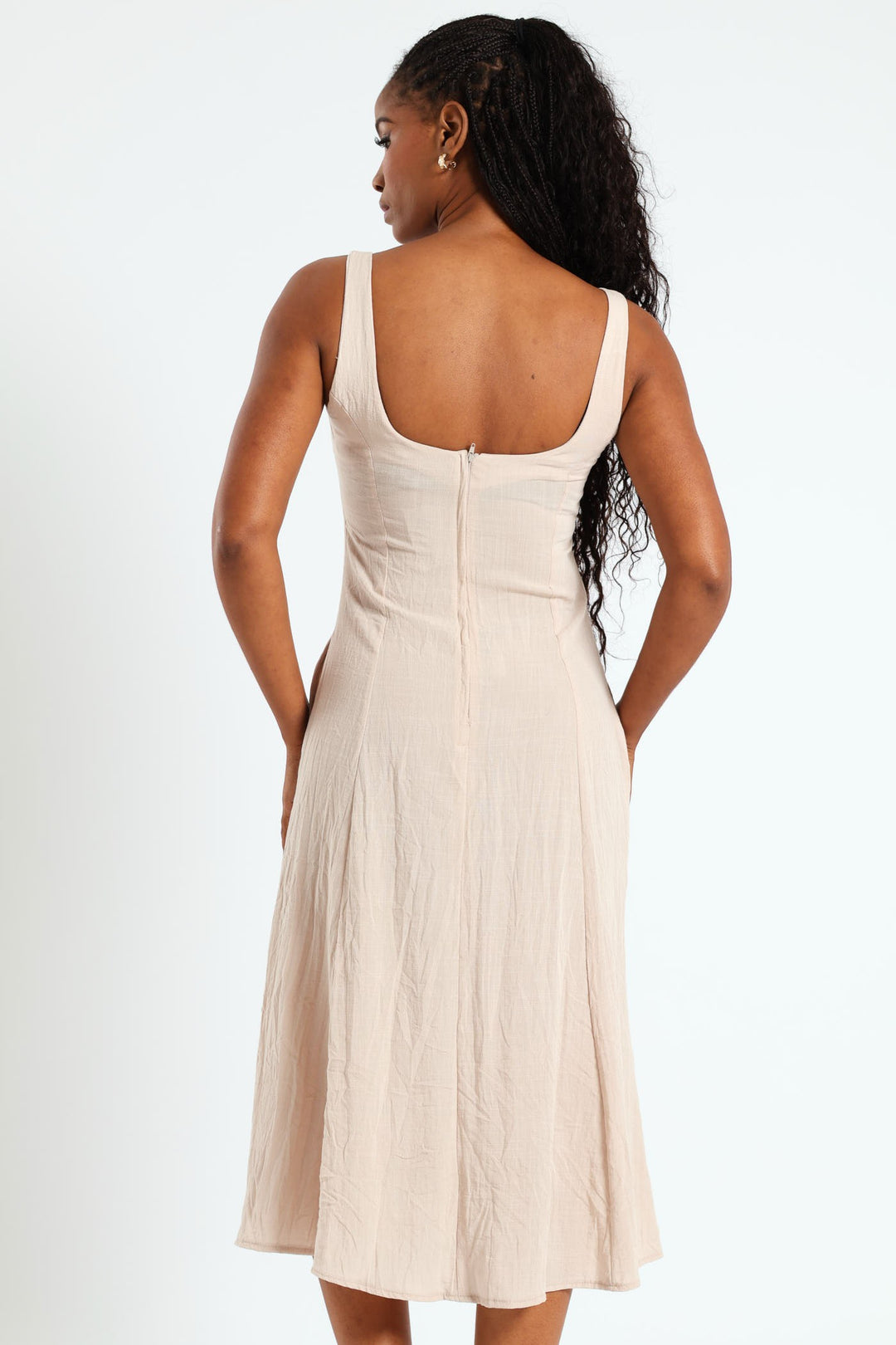 Panelled Fit & Flare Linen Midi Dress - Stone