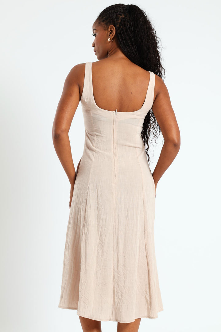 Panelled Fit & Flare Linen Midi Dress - Stone