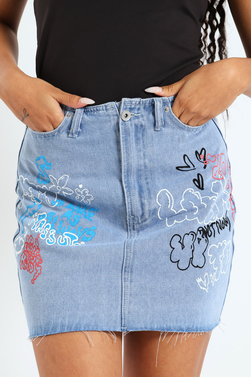 Graph Printed Denim Mini Skirt - Stonewash