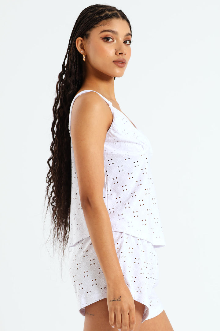 Anglaise Cami & Short Set - White