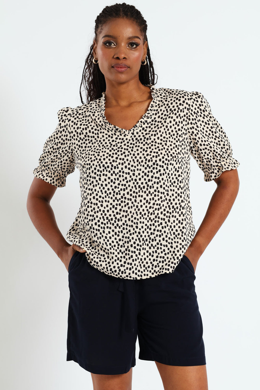 V-Neck Frill Puff Sleeve Blouse - Stone