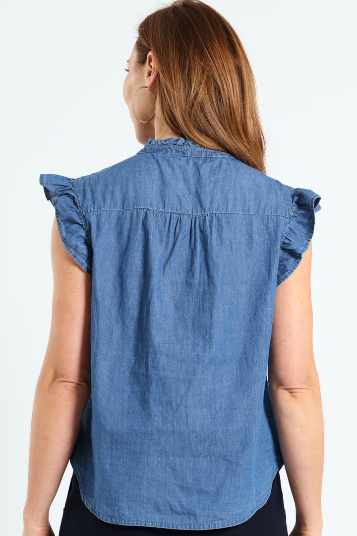 Frill Neck & Sleeve Button Through Blouse - Medium Wash