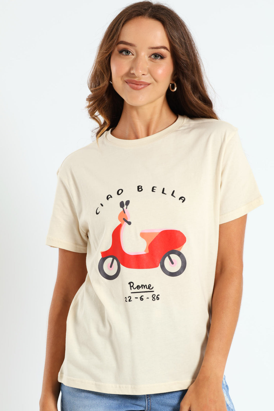 Embroidered Ciao Belle Glitter Vespa Tee - Cream
