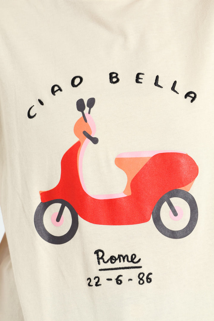 Embroidered Ciao Belle Glitter Vespa Tee - Cream