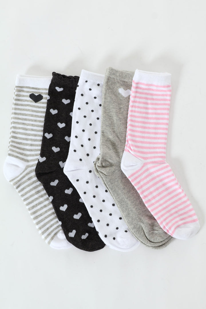 5 Pack Crew Fashion Heart & Stripe Socks