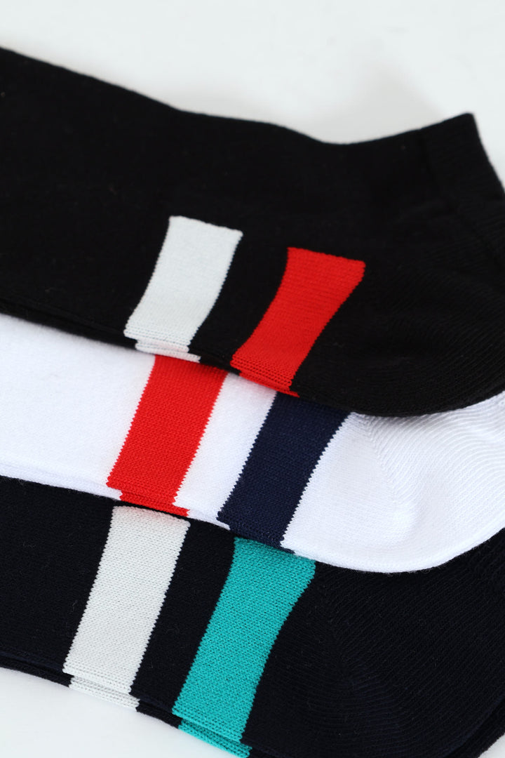 3 Pack Low Cut Stripe Socks - Black/Navy/White