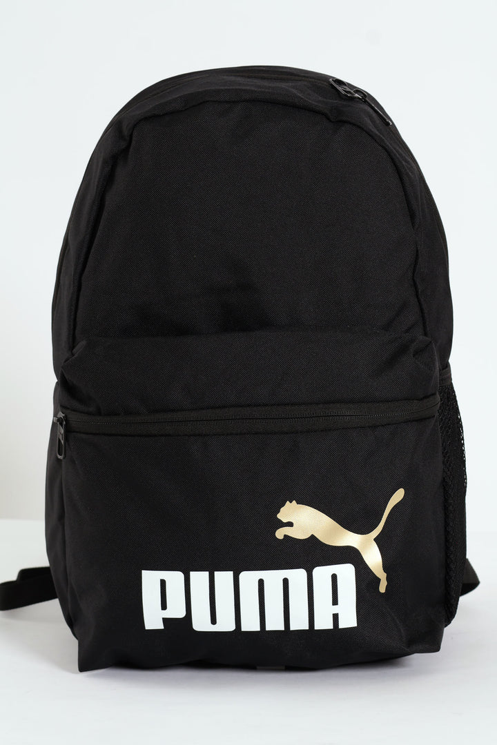 White Print & Gold Cat Bag - Black