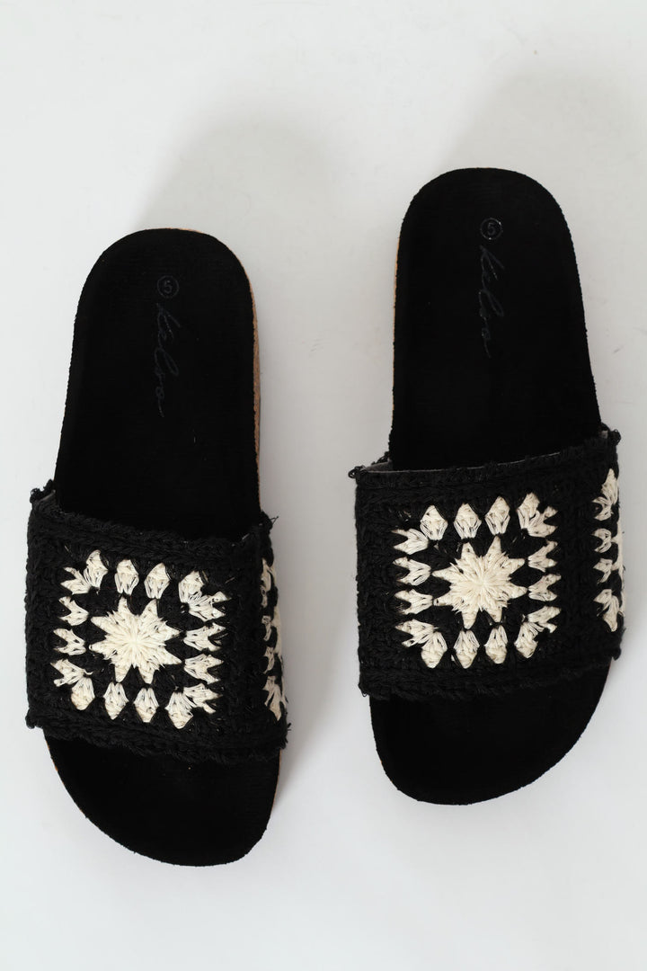 Crochet Mule Sandal On Cork Outsole - Black