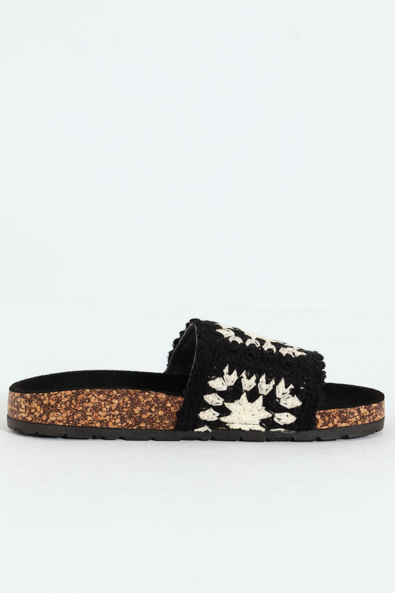 Crochet Mule Sandal On Cork Outsole - Black