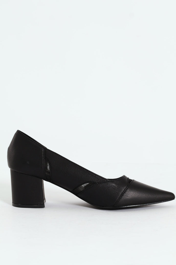 Pointy Mesh Insert Court Heel - Black