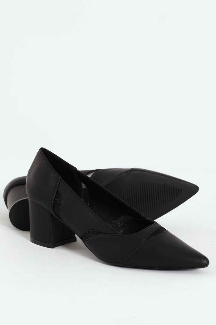 Pointy Mesh Insert Court Heel - Black