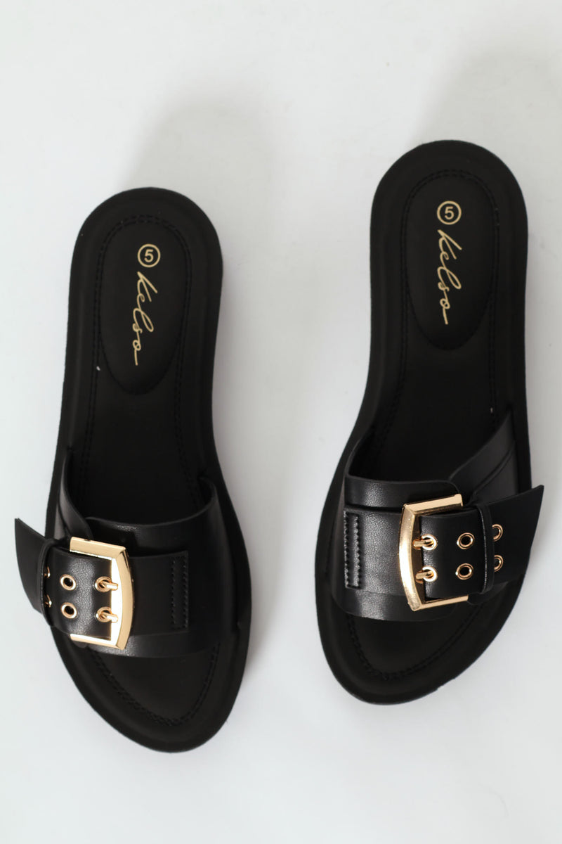 Single Banded Mule With Big Buckle Detail - Black