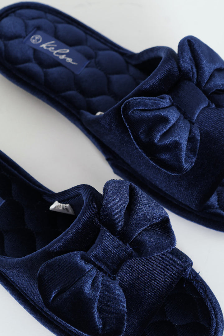 Velour Open Toe Slipper With Bow Detail - Navy