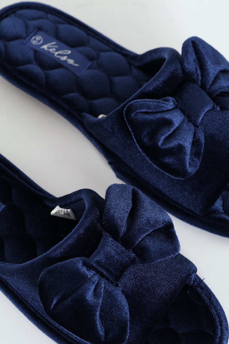 Velour Open Toe Slipper With Bow Detail - Navy