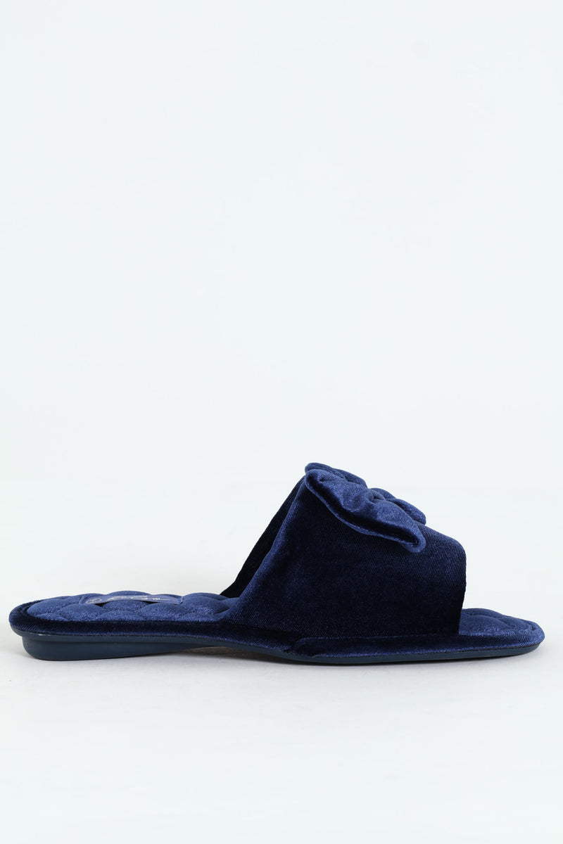 Velour Open Toe Slipper With Bow Detail - Navy