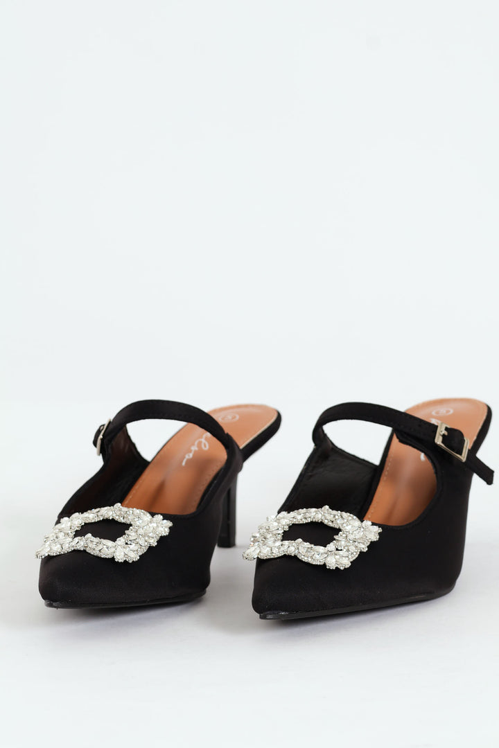 Circle Diamante Trim Pointy Kitten Mule Heel - Black