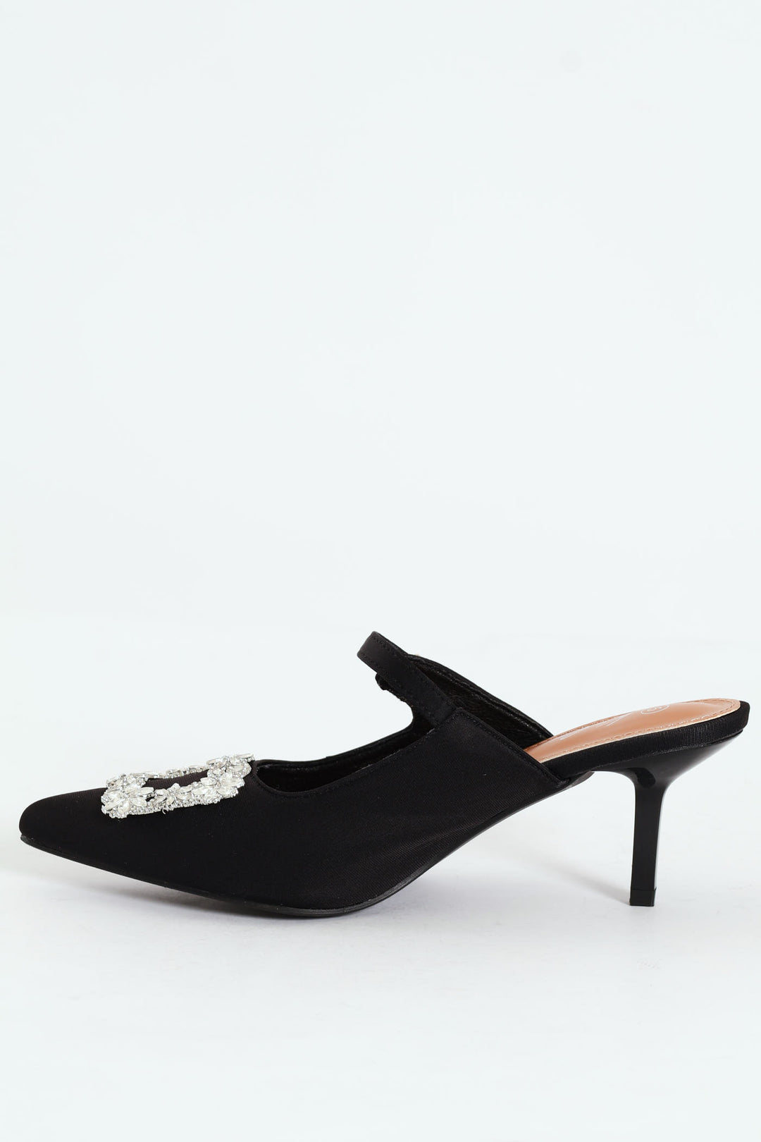 Circle Diamante Trim Pointy Kitten Mule Heel - Black