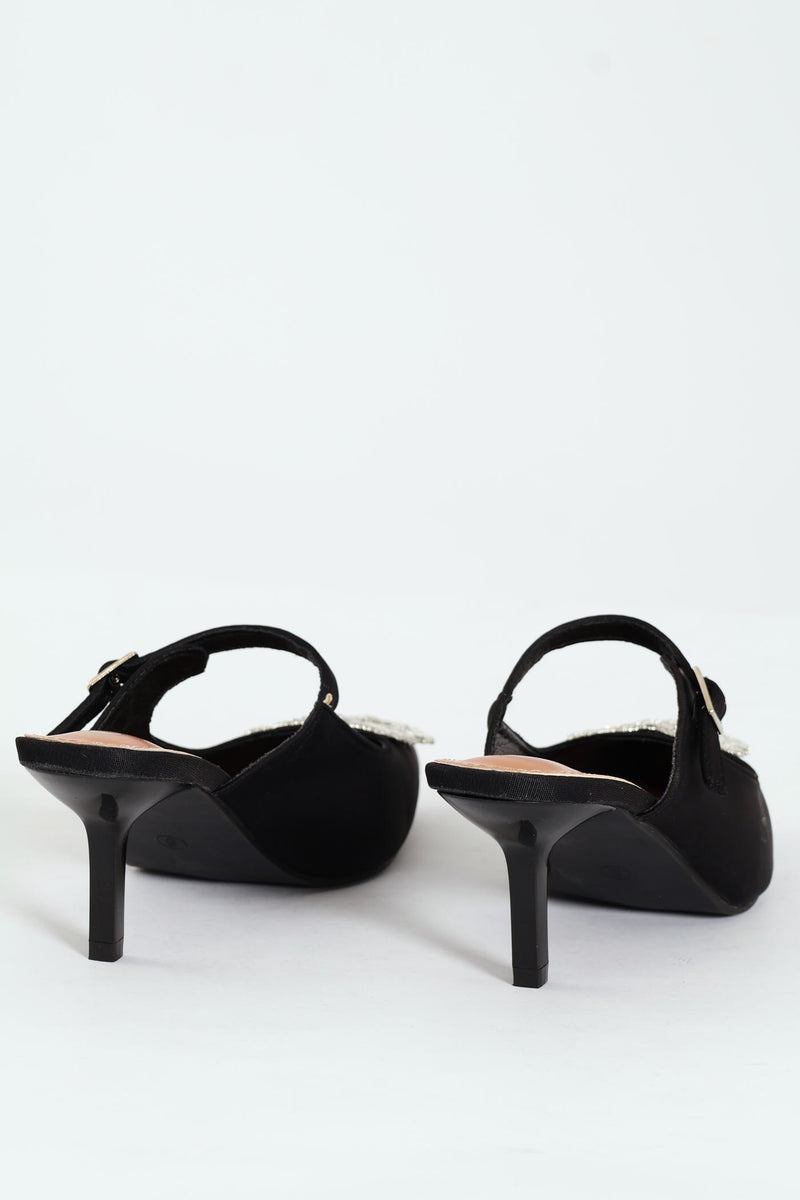 Circle Diamante Trim Pointy Kitten Mule Heel - Black