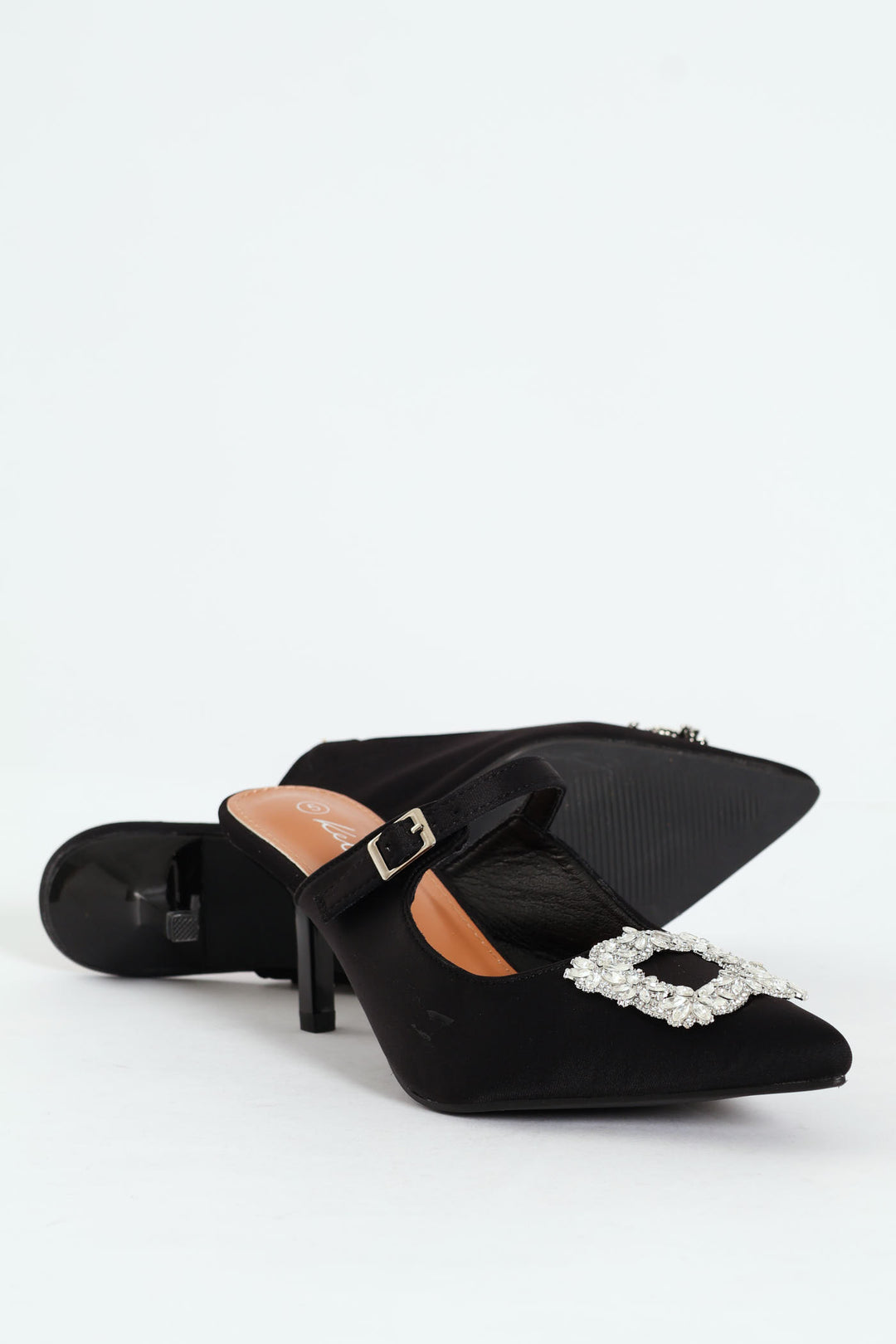 Circle Diamante Trim Pointy Kitten Mule Heel - Black