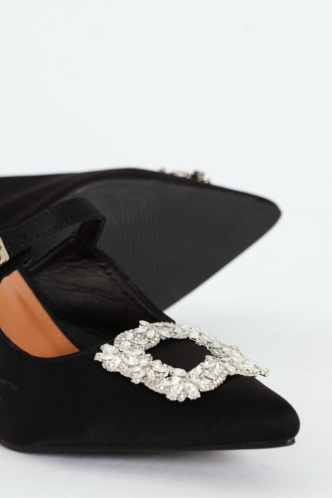 Circle Diamante Trim Pointy Kitten Mule Heel - Black