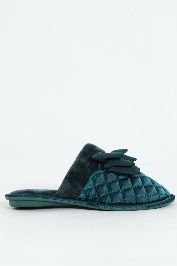 Big Bow With Fur Topline Quilted Slipper - Teal