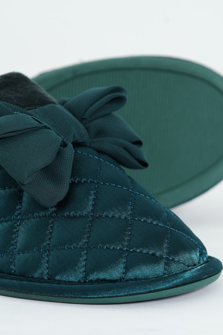Big Bow With Fur Topline Quilted Slipper - Teal