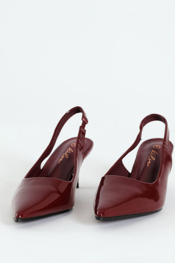 Patent Sling Back Kitten Heel - Burgundy